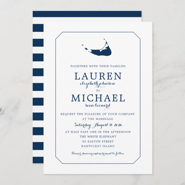 Navy Blue Classic Nantucket Island Map Wedding Einladung (Vorne/Hinten)