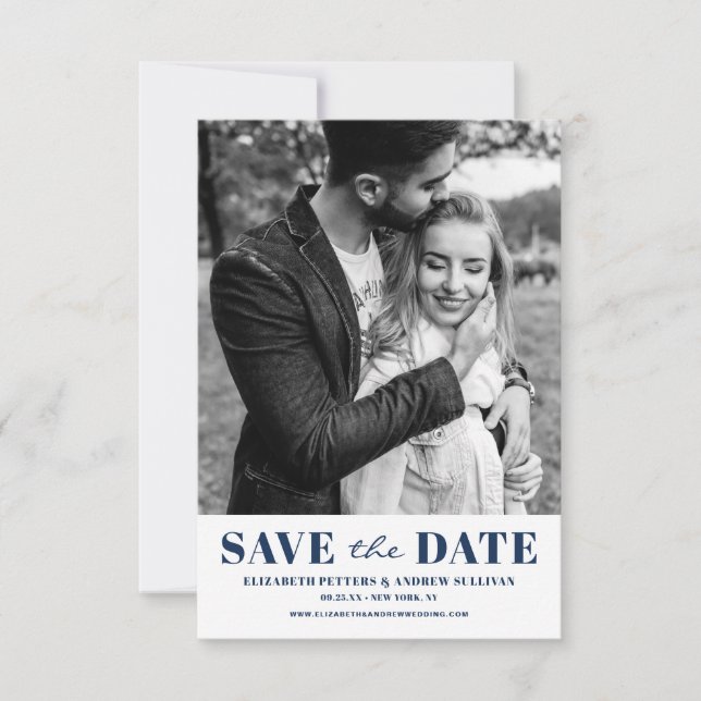 Navy Blue Classic Typografy Foto Save The Date (Vorderseite)