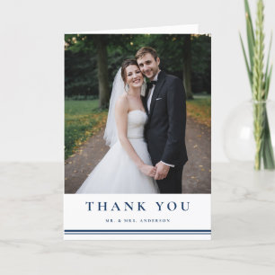 Navy Blue Classic Typografy Striped Wedding Dankeskarte