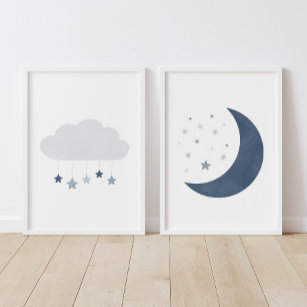 Navy Blue Cloud and Moon Boy Kinderzimmer Deco Bilderwand Sets