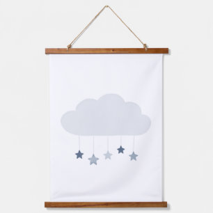 Navy Blue Cloud and Stars Boy Kinderzimmer Wandteppich Mit Holzrahmen