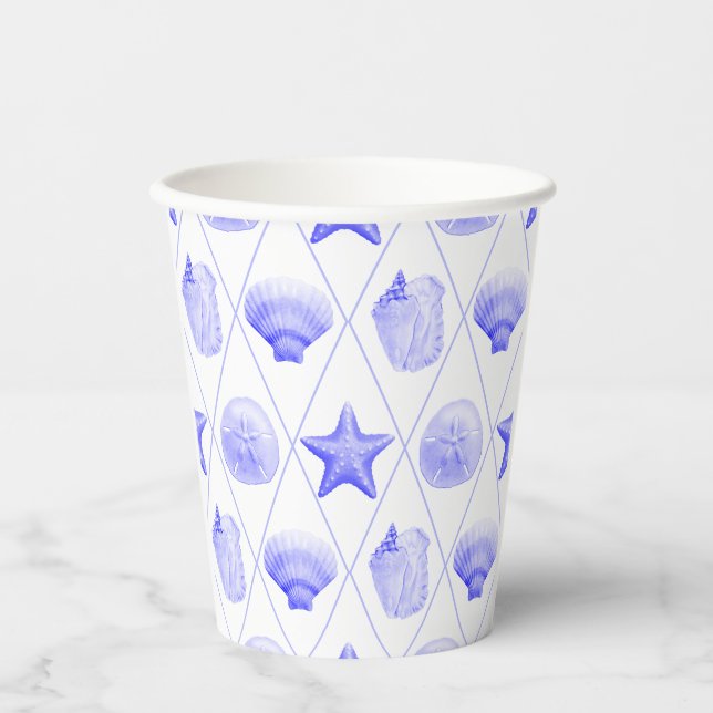 Navy Blue Coastal Seashells Starfish Pappbecher (Vorderseite)
