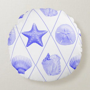 Navy Blue Coastal Seashells Starfish Rundes Kissen