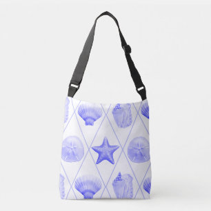 Navy Blue Coastal Seashells Starfish Tragetaschen Mit Langen Trägern