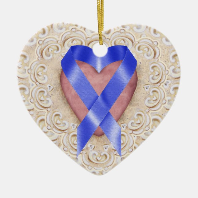 Navy Blue Colon Cancer Ribbon from Heart - SR Keramik Ornament (Vorne)