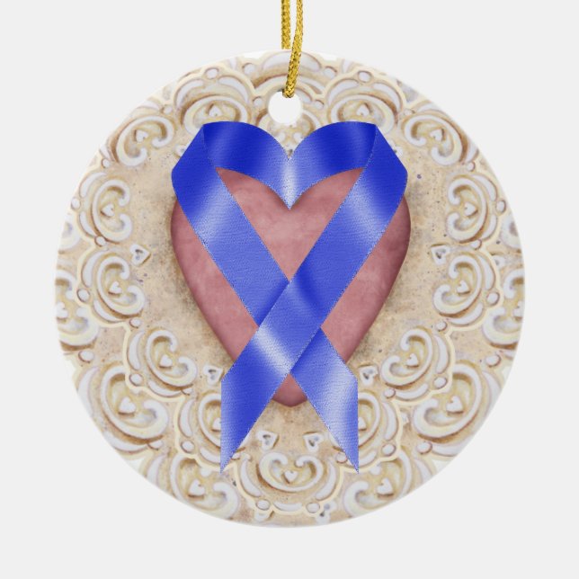 Navy Blue Colon Cancer Ribbon from Heart - SR Keramik Ornament (Vorne)