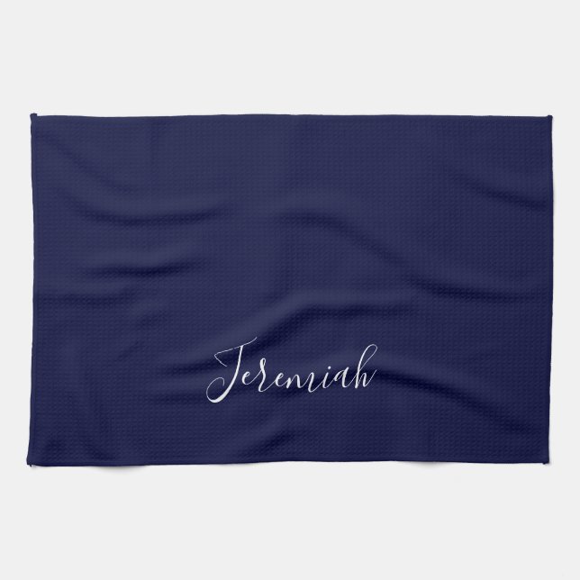 Navy Blue Color Plain Modern Own Name Calligraphy Geschirrtuch (Horizontal)