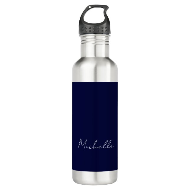 Navy Blue Color Schlicht Moderne Namenskalligraphi Edelstahlflasche (Vorderseite)