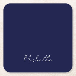 Navy Blue Color Schlicht Moderne Namenskalligraphi Rechteckiger Pappuntersetzer