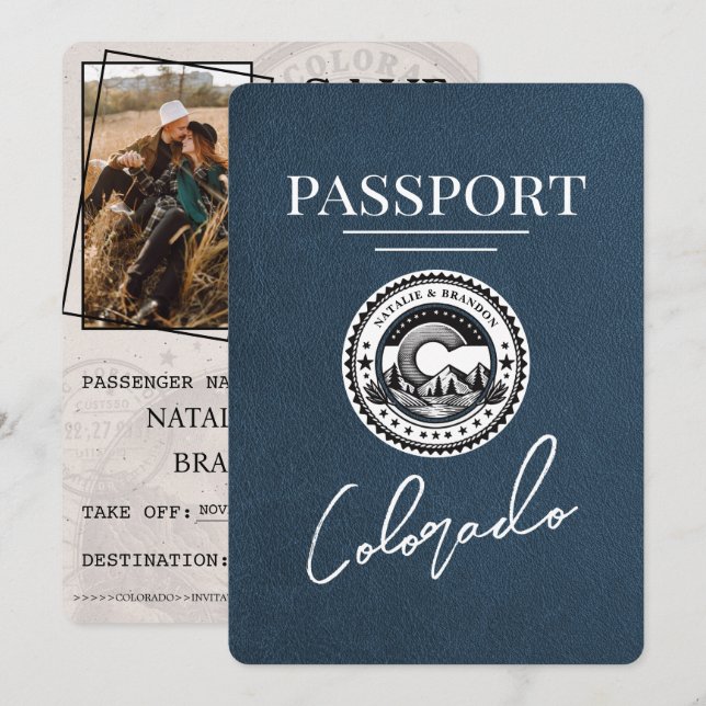 Navy Blue Colorado Passport Save the Date (Vorne/Hinten)