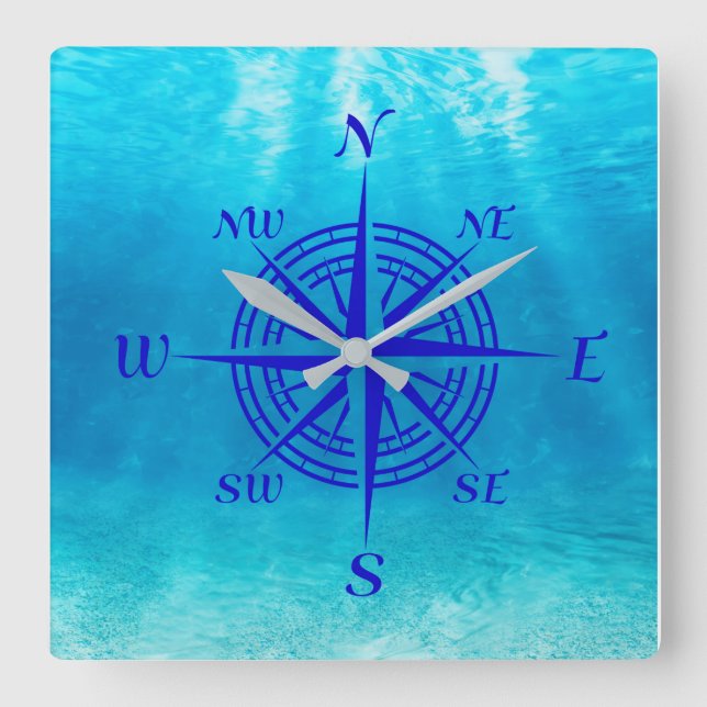 Navy Blue Compass Rose Quadratische Wanduhr (Vorderseite)