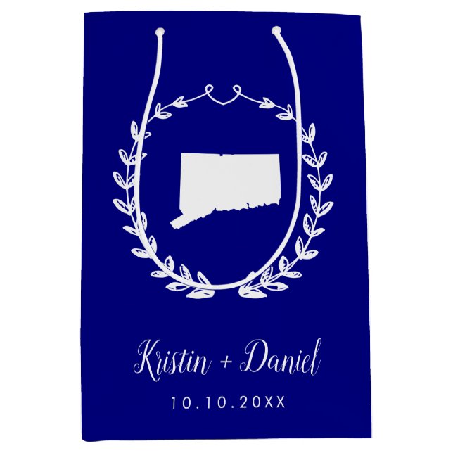 Navy Blue Connecticut Map Hochzeit Begrüßungswag Mittlere Geschenktüte (Vorderseite)