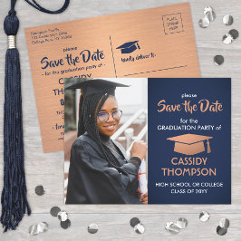 Navy Blue & Copper Abschluss Foto Save the Date Postkarte
