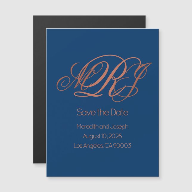 Navy Blue Copper Monogram Save the Date Magneteinladung (Vorne/Hinten)