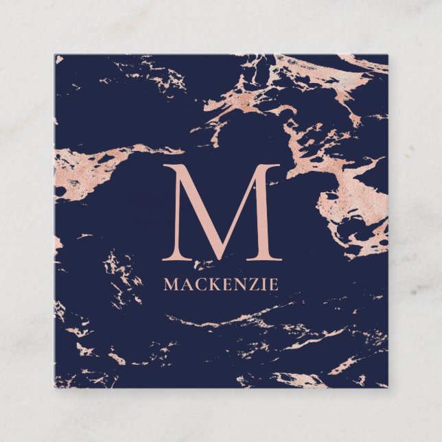 Navy Blue Copper Rose Gold Foil Marmor Monogram Quadratische Visitenkarte (Vorderseite)