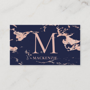 Navy Blue Copper Rose Gold Foil Marmor Monogram Visitenkarte
