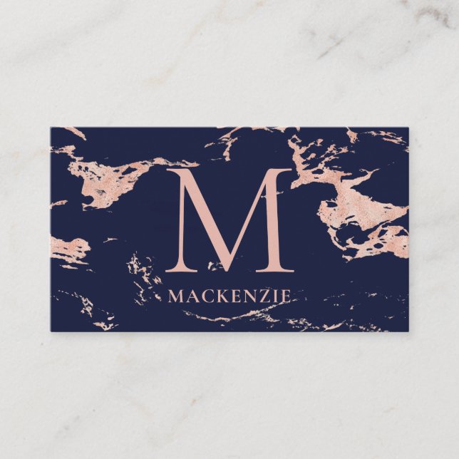 Navy Blue Copper Rose Gold Foil Marmor Monogram Visitenkarte (Vorderseite)