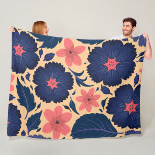 Navy Blue & Coral Blume auf warmen Creme Backgroun Fleecedecke