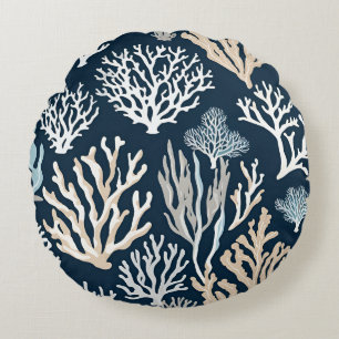 Navy Blue Coral Reef Meereswelt Ocean Coastal Rundes Kissen