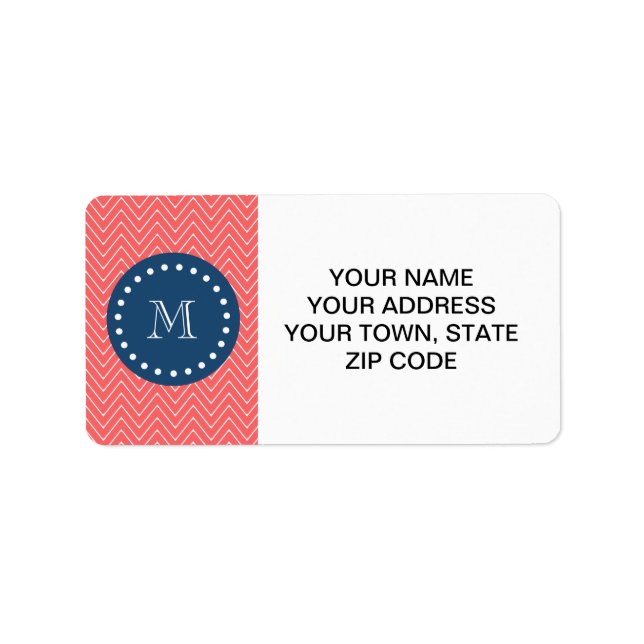 Navy Blue, Coral Zickzack Pattern | Ihr Monogramm Adressaufkleber (Vorne)