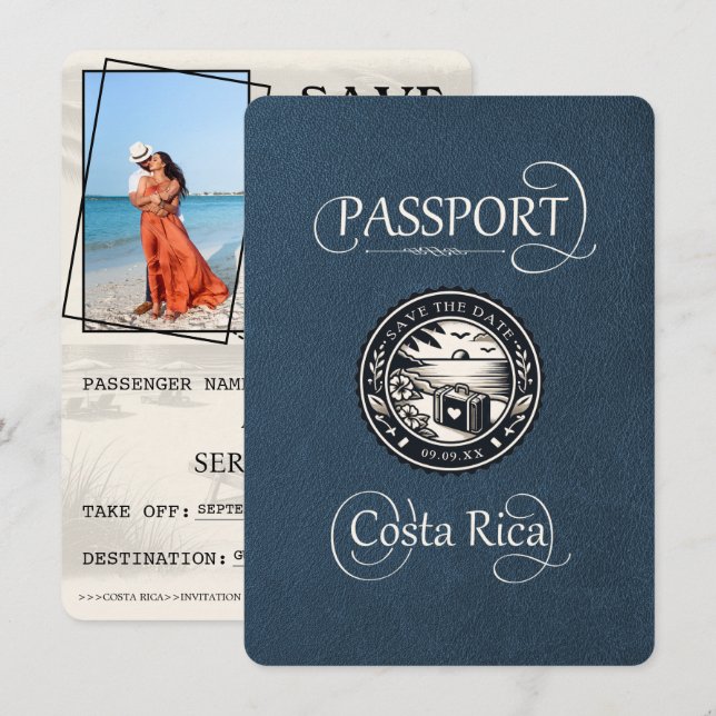 Navy Blue Costa Rica Passport Save The Date (Vorne/Hinten)