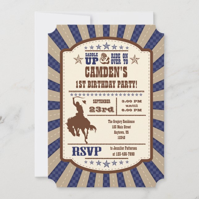 Navy Blue Cowboy Rodeo Geburtstagsparty Einladung (Vorderseite)