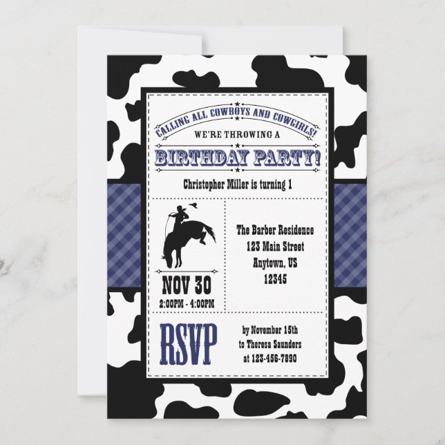 Navy Blue Cowhide Cowboy Einladung zum Geburtstag (Vorderseite)
