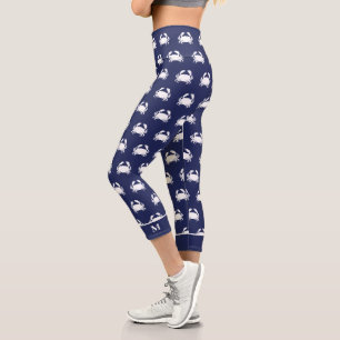 Navy Blue Crab Muster Nautical Personalize Beach Capri Leggings