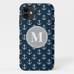 Navy Blue Cream Anchor Muster Grau Monogramm Case-Mate iPhone Hülle