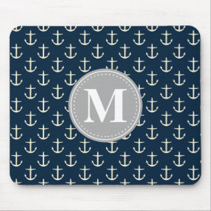 Navy Blue Cream Anchor Muster Grau Monogramm Mousepad