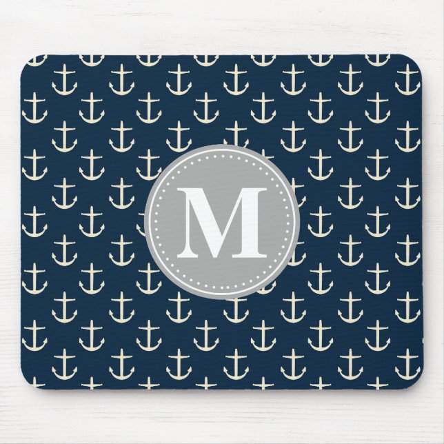 Navy Blue Cream Anchor Muster Grau Monogramm Mousepad (Vorne)