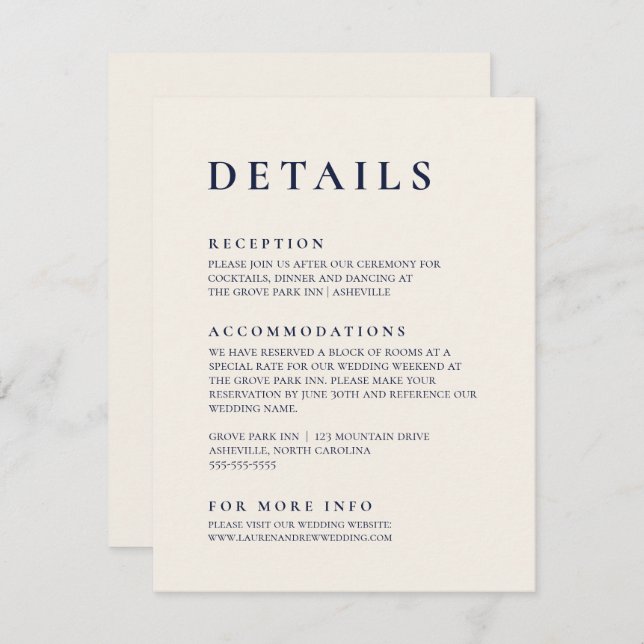 Navy Blue & Cream Modernes Minimalistisches Elegan Begleitkarte (Vorne/Hinten)