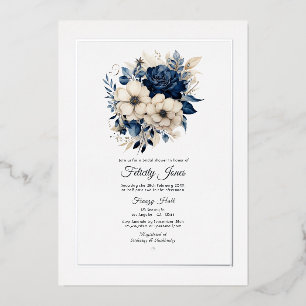 Navy Blue, Creme and Silver Floral Brautparty Folieneinladung
