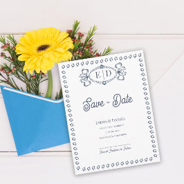 Navy Blue Crest Monogram Wedding Save the Date Ankündigungspostkarte