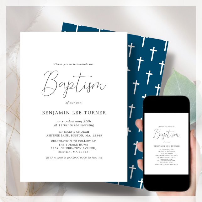 Navy Blue Cross | Taufe Einladung (Von Creator hochgeladen)