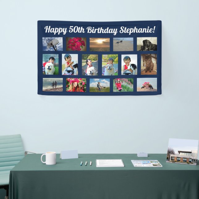 Navy Blue Custom 16 Photo Collage Birthday Party Banner (Messeveranstaltung)