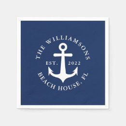 Navy Blue Custom Family Name Nautical Anchor Serviette
