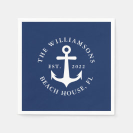 Navy Blue Custom Family Name Nautical Anchor Serviette