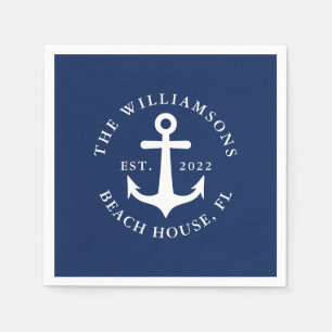 Navy Blue Custom Family Name Nautical Anchor Serviette