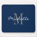 Navy blue custom monogrammed name anfangs letter mousepad<br><div class="desc">Navy blue custom monogrammed name anfangs letter computer Mouse Pad. Ordy script typography with customizable background color. Chic monogram design for men, women and kids. Add your own name initial letter. Personalized Christmas or Birthday gift idea for dad, father, mom, mother, husband, wife, son, daughter, coworker, colleague, employee, friend, teacher,...</div>