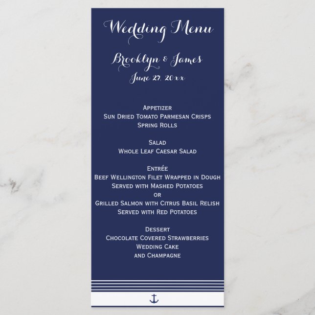 Navy Blue Custom Nautical Wedding Menu Cards Menükarte (Vorderseite)