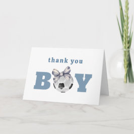 Navy Blue Cute Bow Soccer Boy Baby Shower Dankeskarte