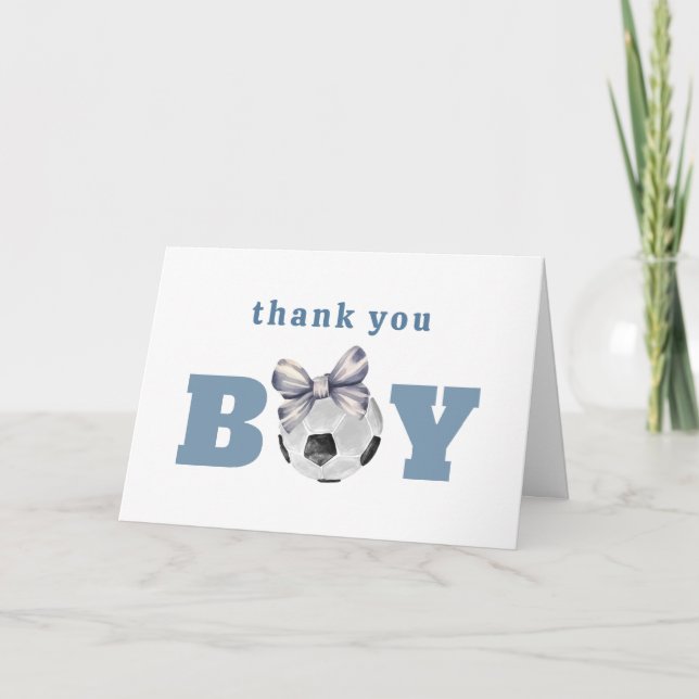 Navy Blue Cute Bow Soccer Boy Baby Shower Dankeskarte (Vorderseite)