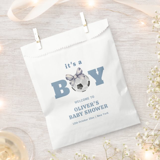 Navy Blue Cute Bow Soccer Boy Baby Shower Welcome Geschenktütchen (Ausgeschnitten)