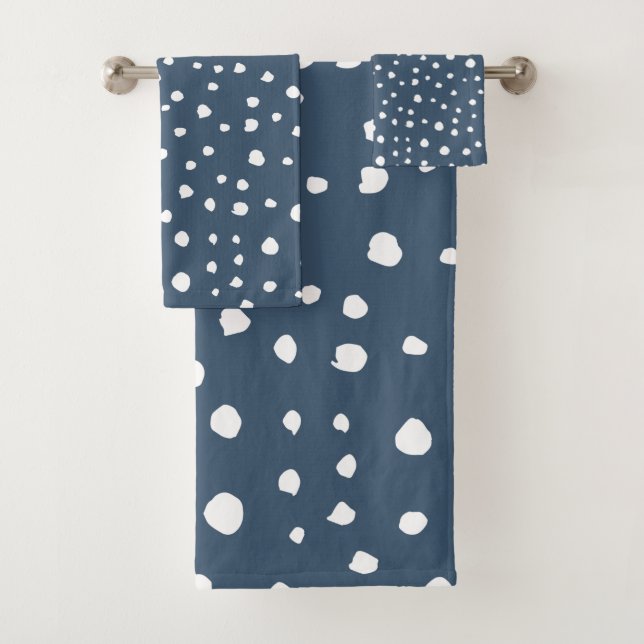 Navy Blue Dalmatian Spots, Dalmatian Dots, Dotted Badhandtuch Set (Insitu)