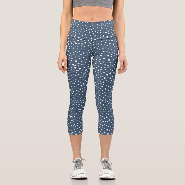 Navy Blue Dalmatian Spots, Dalmatian Dots, Dotted Capri Leggings (Vorderseite)