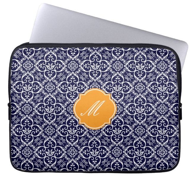 Navy Blue Damaks Muster Laptop Sleeve (Vorderseite)