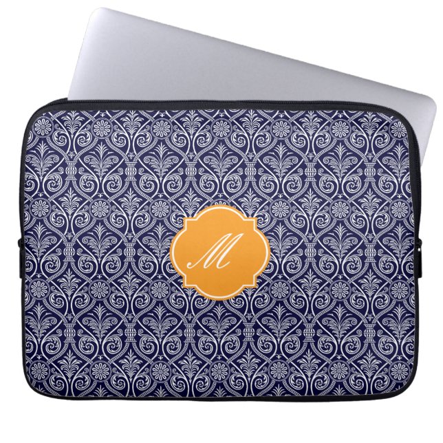Navy Blue Damaks Muster Laptop Sleeve (Vorderseite)