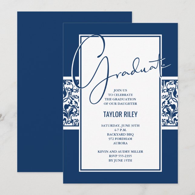 Navy Blue Damask Graduation Party Einladung (Vorne/Hinten)