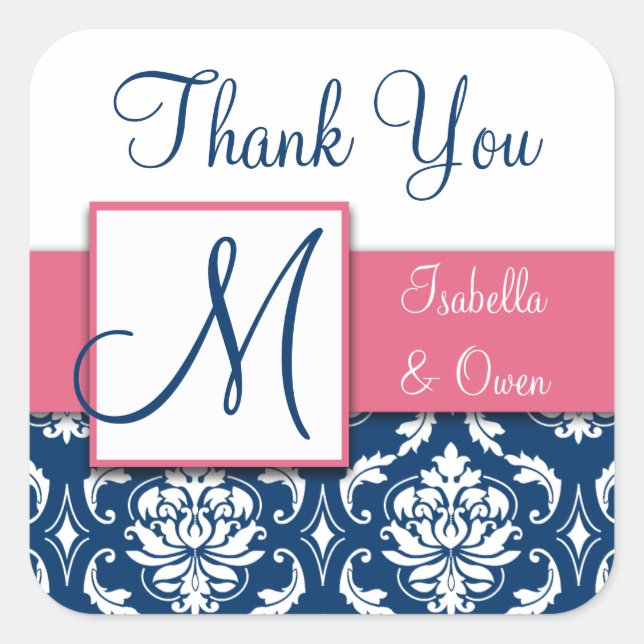 Navy Blue Damask Hochzeitsticker Pink Quadratischer Aufkleber (Vorderseite)